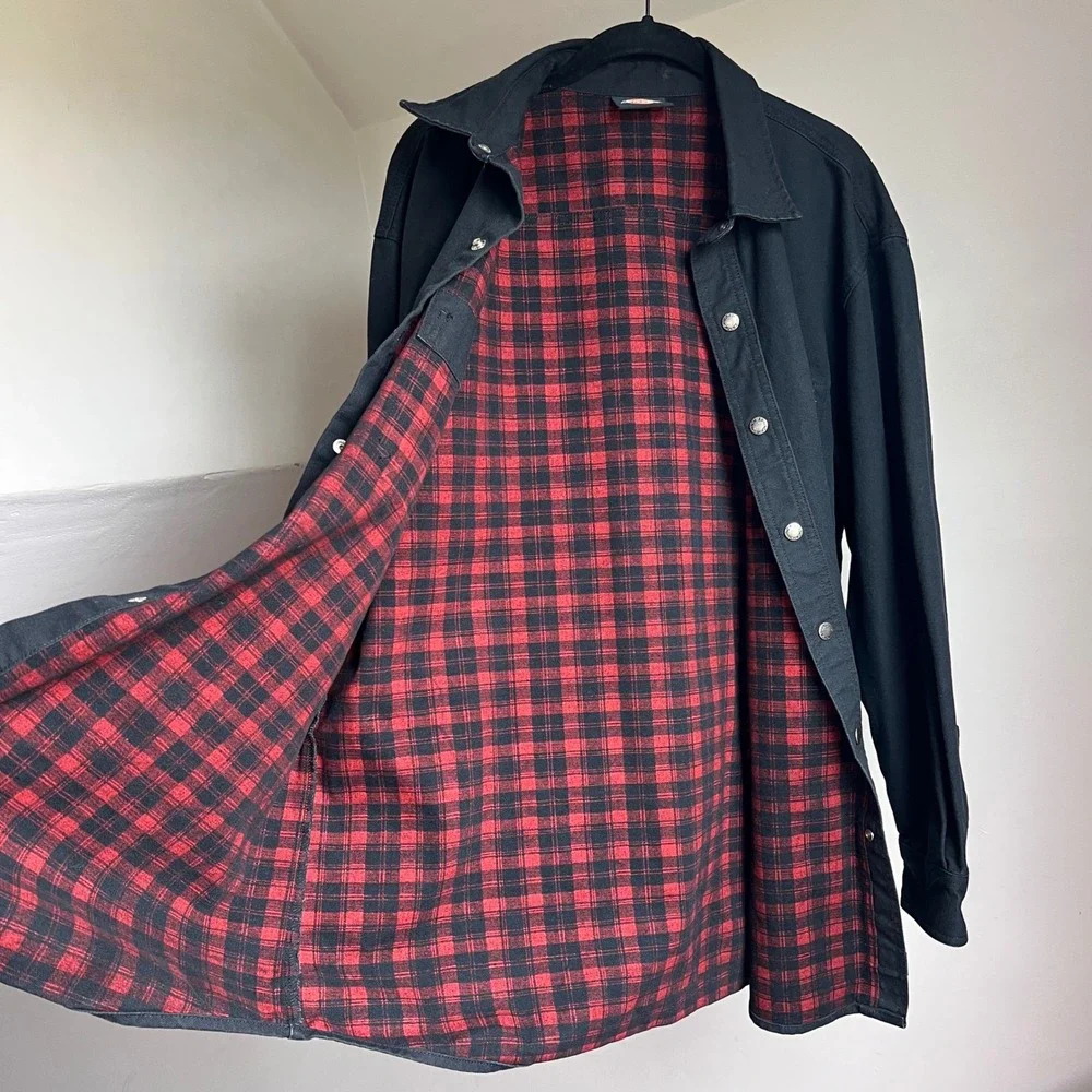 Dickies Flannel Lined Work Shirt XL Black Canvas Snap‎ Front Plaid Lined Jacket